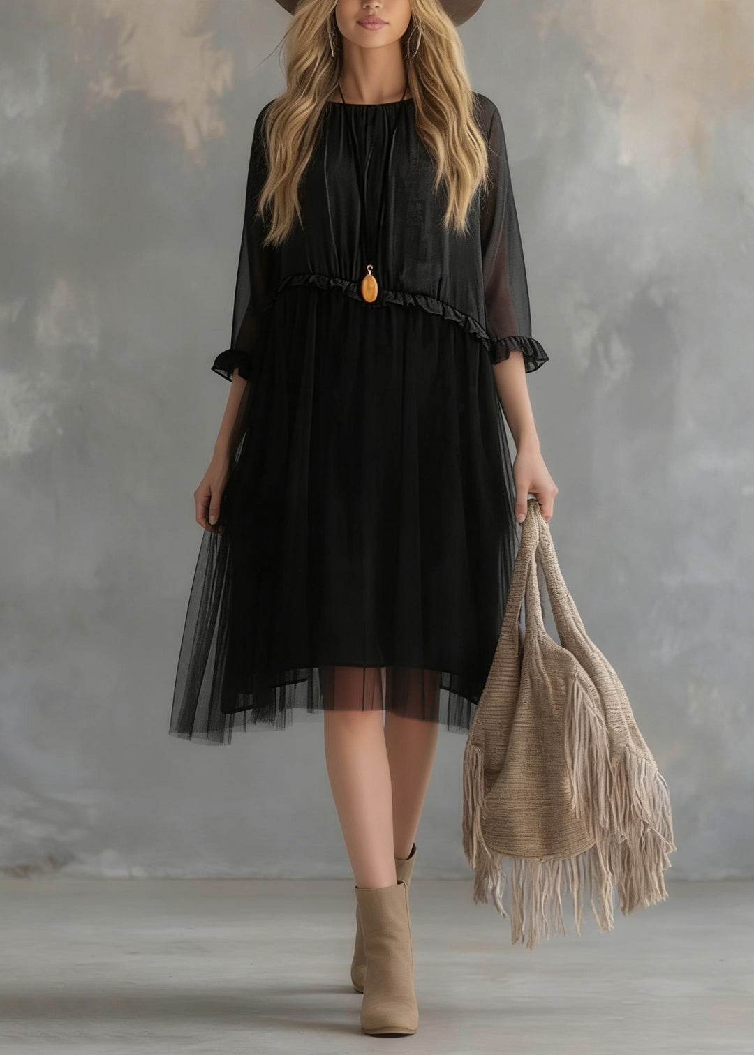 Elegant Black Tull Patchwork Chiffon Summer Dresses