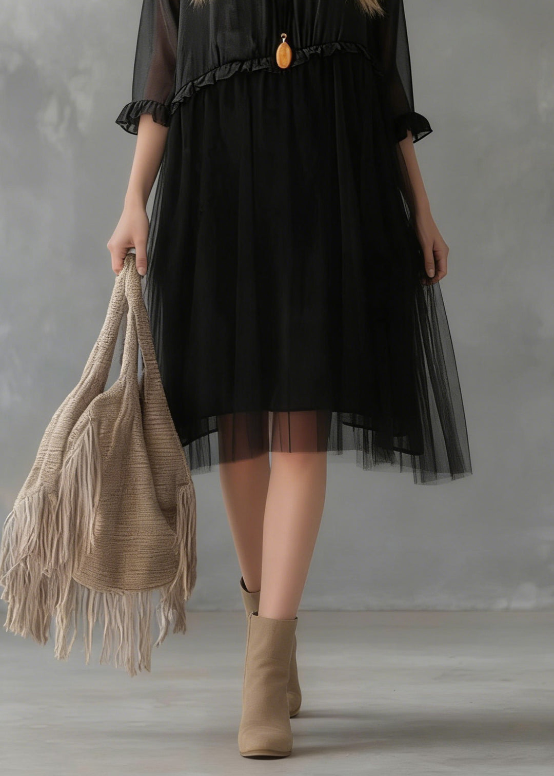 Elegant Black Tull Patchwork Chiffon Summer Dresses
