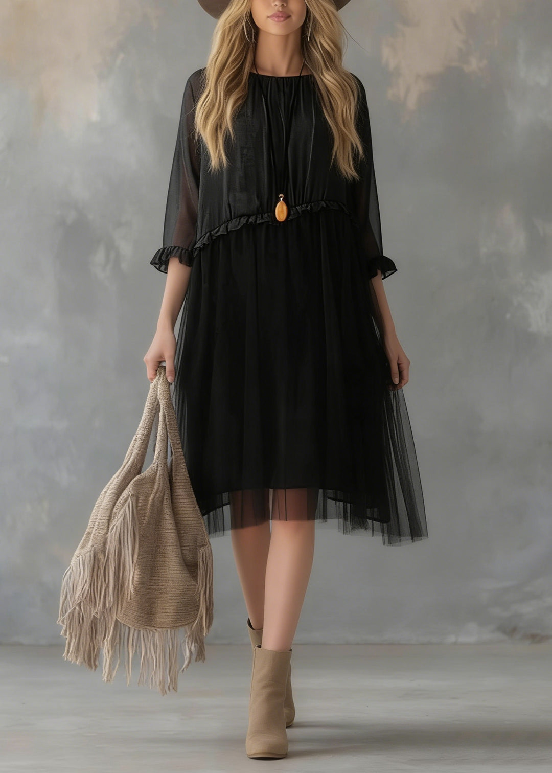 Elegant Black Tull Patchwork Chiffon Summer Dresses