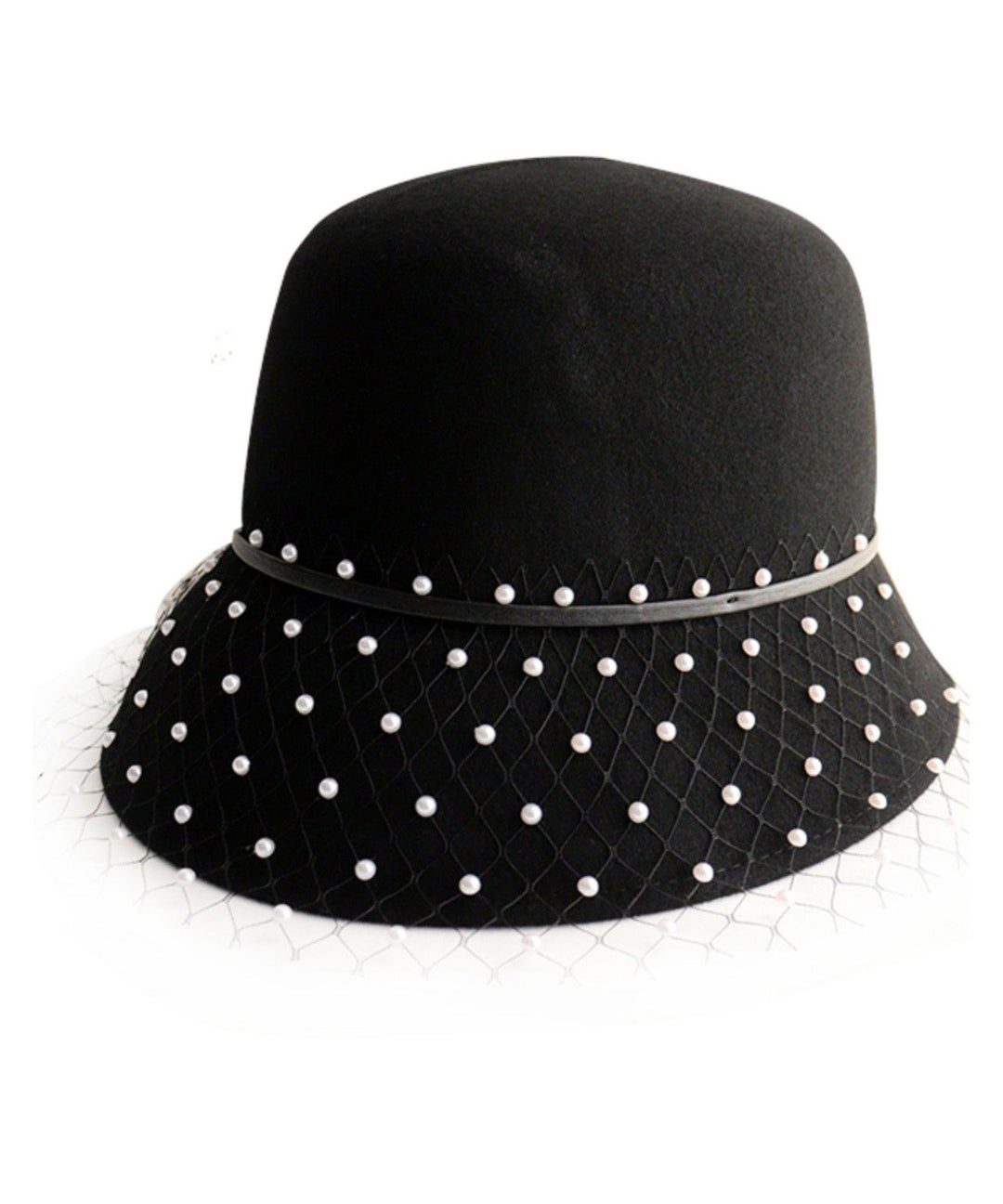 Elegant Black Tulle Nail Bead Woolen Bucket Hat