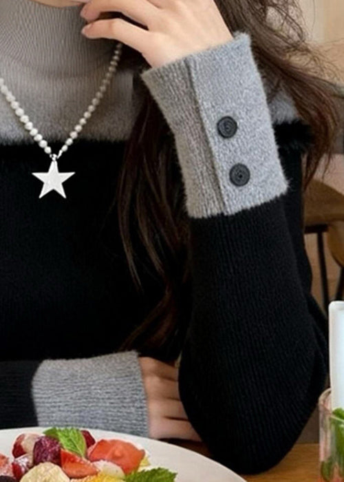 Elegant Black Turtleneck Patchwork False Two Pieces Knit Sweater Winter