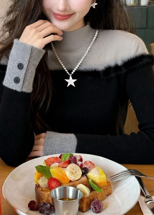 Elegant Black Turtleneck Patchwork False Two Pieces Knit Sweater Winter