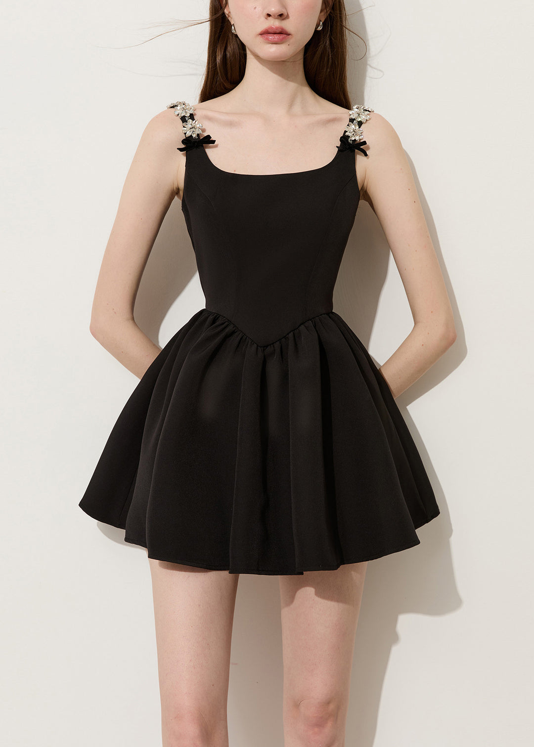 Elegant Black U Neck Flower Rhinestone Cotton Mini Dress Summer