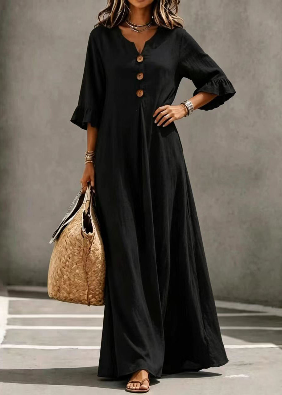Elegant Black V Neck Button Exra Large Hem Long Dress Butterfly Sleeve