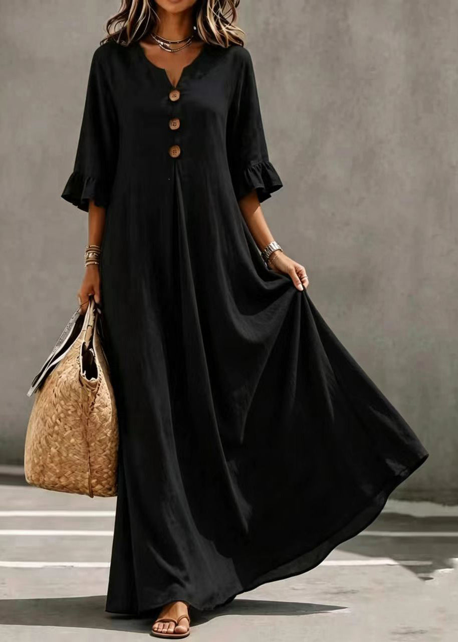 Elegant Black V Neck Button Exra Large Hem Long Dress Butterfly Sleeve