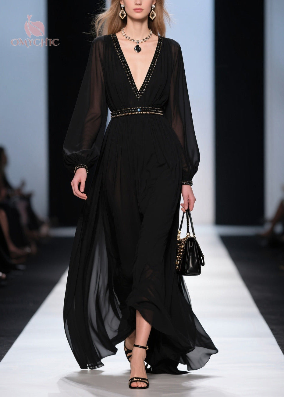 Elegant Black V Neck Exra Large Hem Chiffon Long Dresses Summer