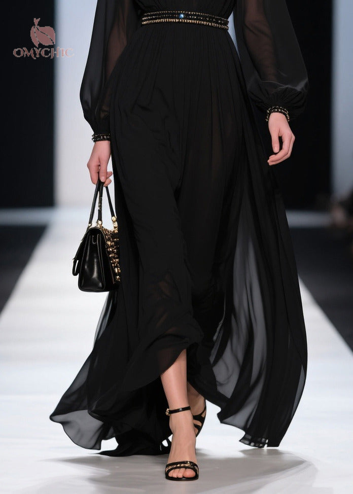 Elegant Black V Neck Exra Large Hem Chiffon Long Dresses Summer