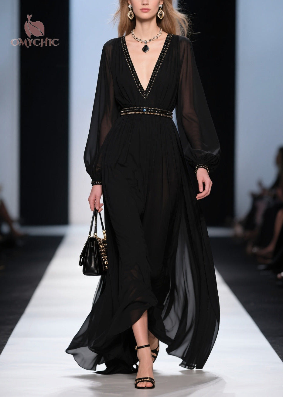 Elegant Black V Neck Exra Large Hem Chiffon Long Dresses Summer