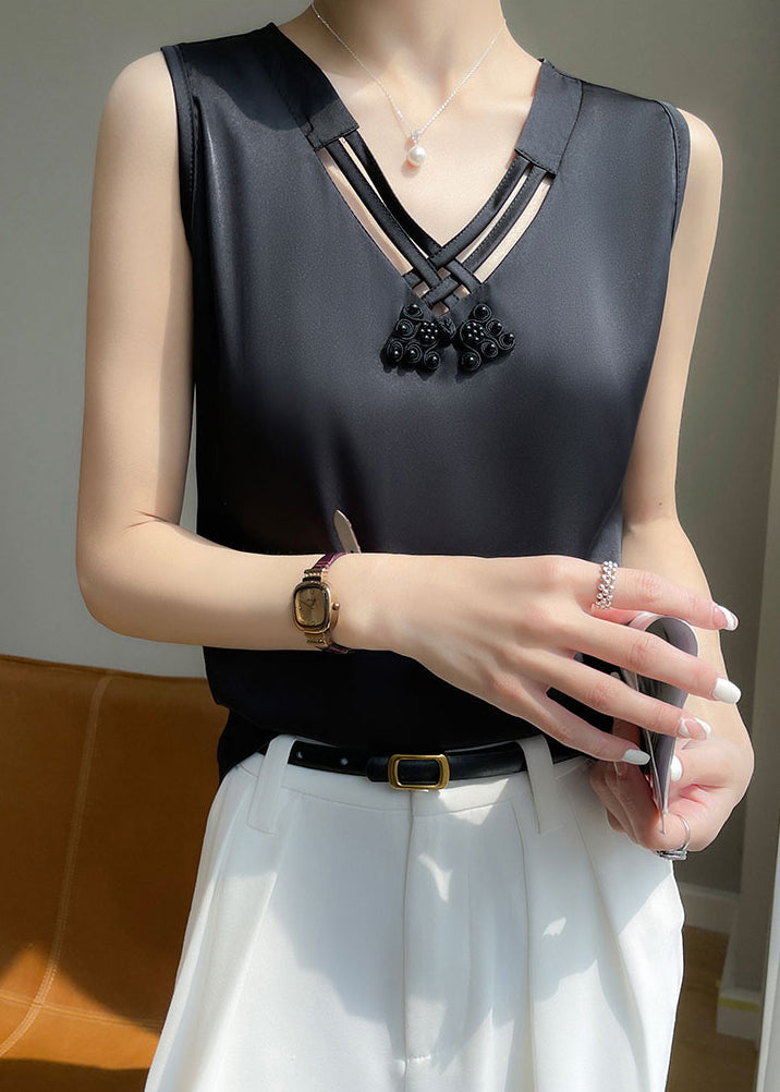 Elegant Black V Neck Hollow Out Silk Tank Sleeveless