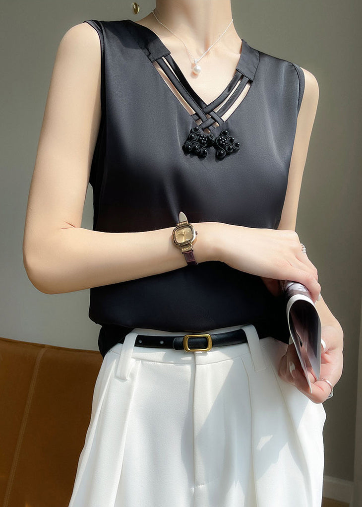 Elegant Black V Neck Hollow Out Silk Tank Sleeveless