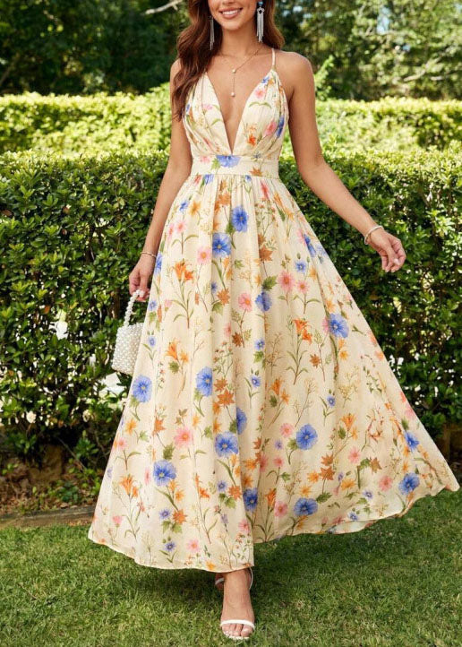 Elegant Black V Neck Print Chiffon Spaghetti Strap Dress Summer