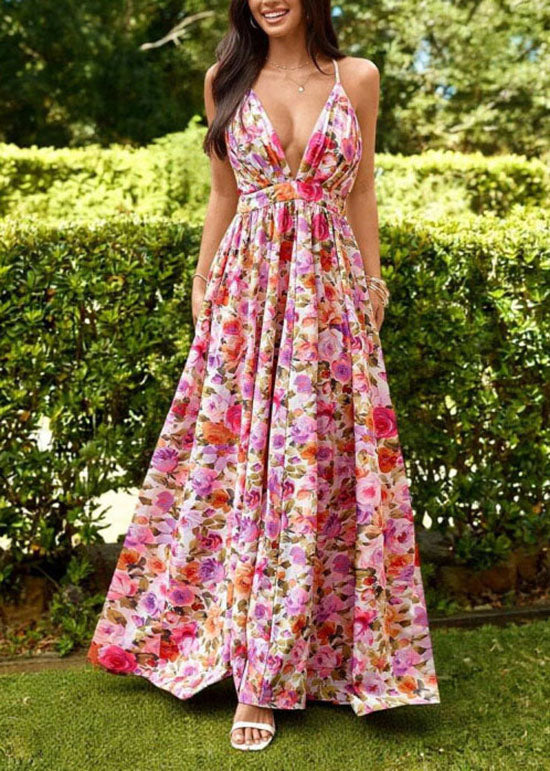 Elegant Black V Neck Print Chiffon Spaghetti Strap Dress Summer
