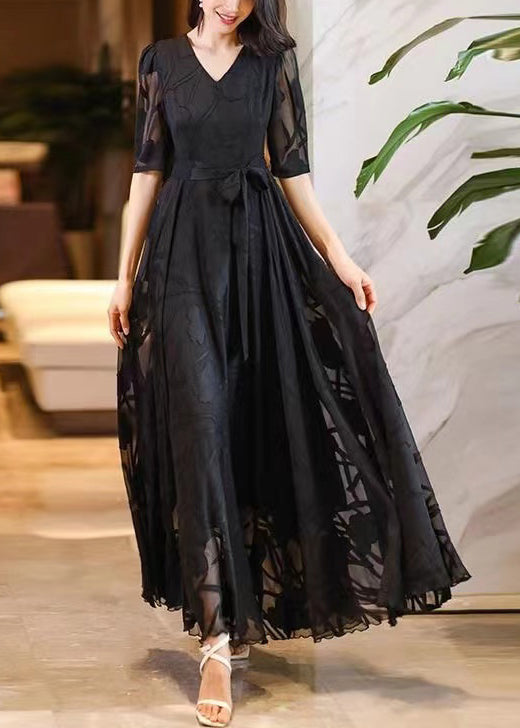 Elegant Black V Neck Tie Waist Chiffon Maxi Dresses Summer