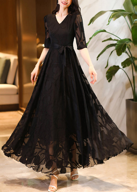 Elegant Black V Neck Tie Waist Chiffon Maxi Dresses Summer