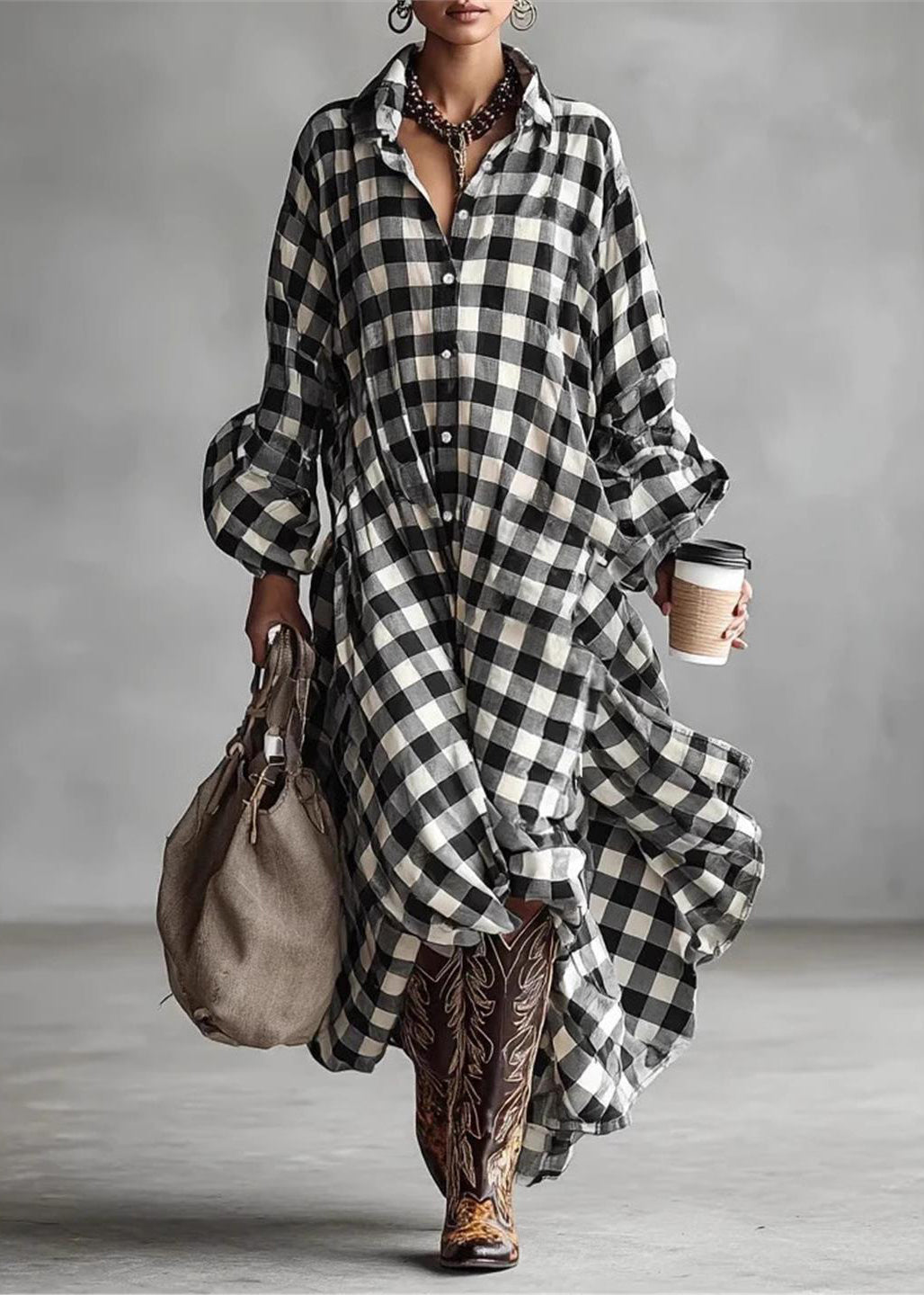 Elegant Black White Plaid Low High Design Cotton  Maxi Dresses Long Sleeve