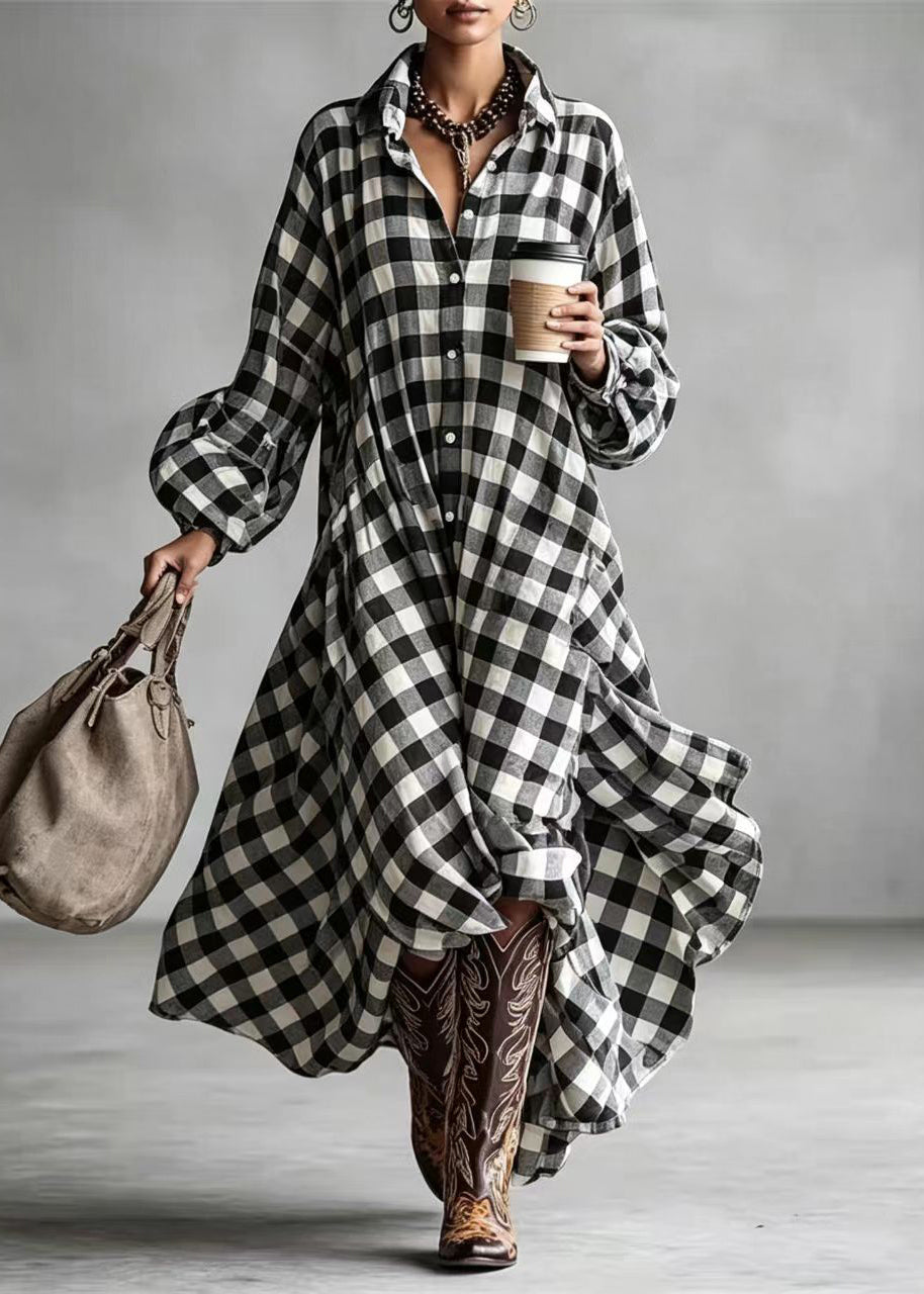 Elegant Black White Plaid Low High Design Cotton  Maxi Dresses Long Sleeve