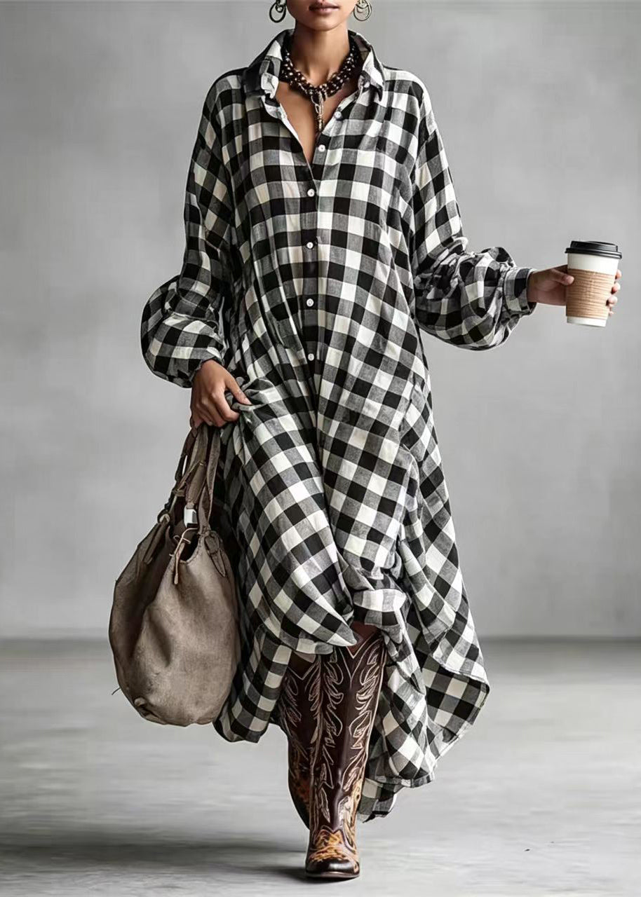 Elegant Black White Plaid Low High Design Cotton  Maxi Dresses Long Sleeve