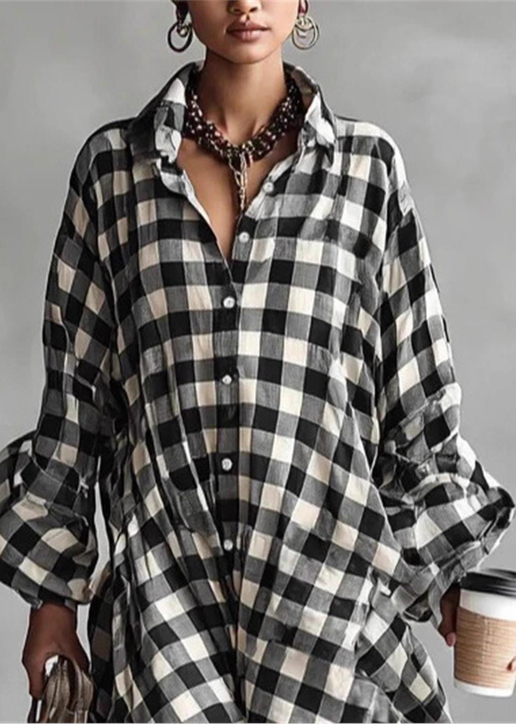 Elegant Black White Plaid Low High Design Cotton  Maxi Dresses Long Sleeve