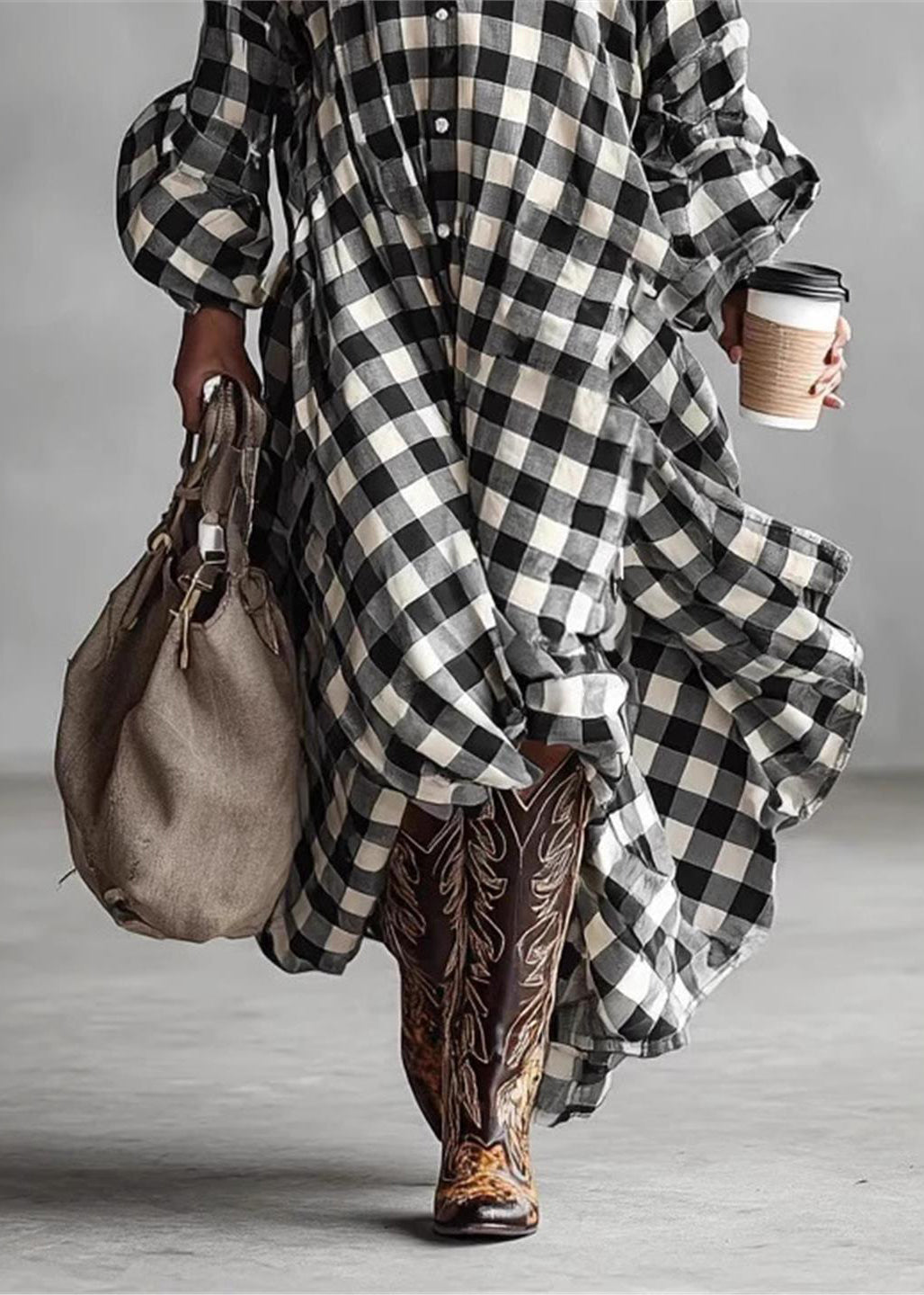 Elegant Black White Plaid Low High Design Cotton  Maxi Dresses Long Sleeve
