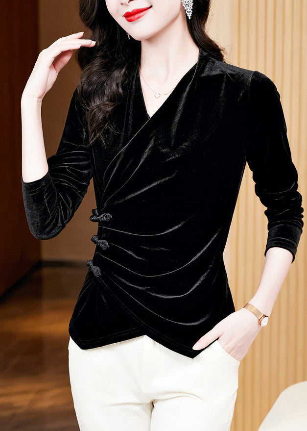 Elegant Black Wrinkled Button Silk Velour Tops Long Sleeve