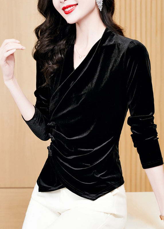 Elegant Black Wrinkled Button Silk Velour Tops Long Sleeve