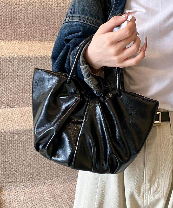 Elegant Black Wrinkled Faux Leather Tote Handbag