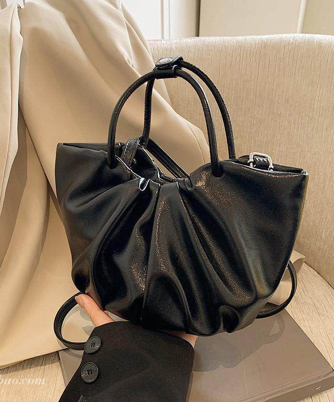 Elegant Black Wrinkled Faux Leather Tote Handbag