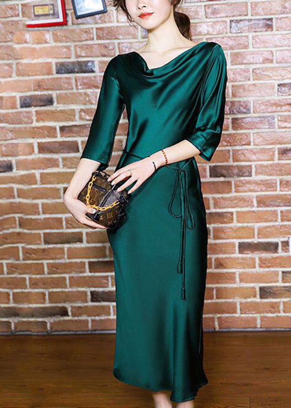 Elegant Blackish Green Slash Neck Tie Waist Silk Long Dresses Half Sleeve