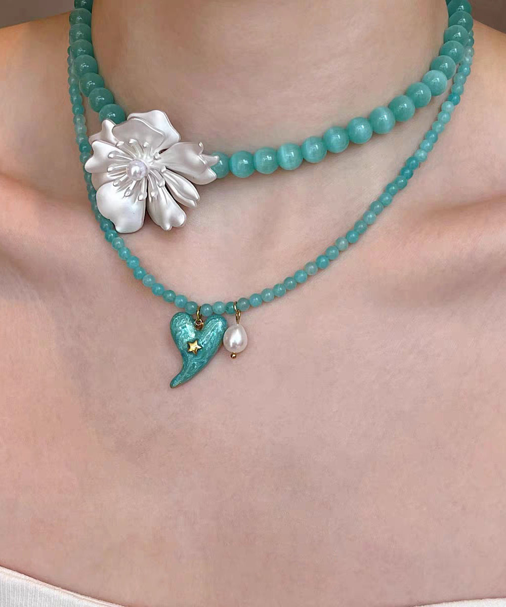 Elegant Blue Alloy Amazonite Love Floral Pearl Pendant Necklace Two-Piece Set