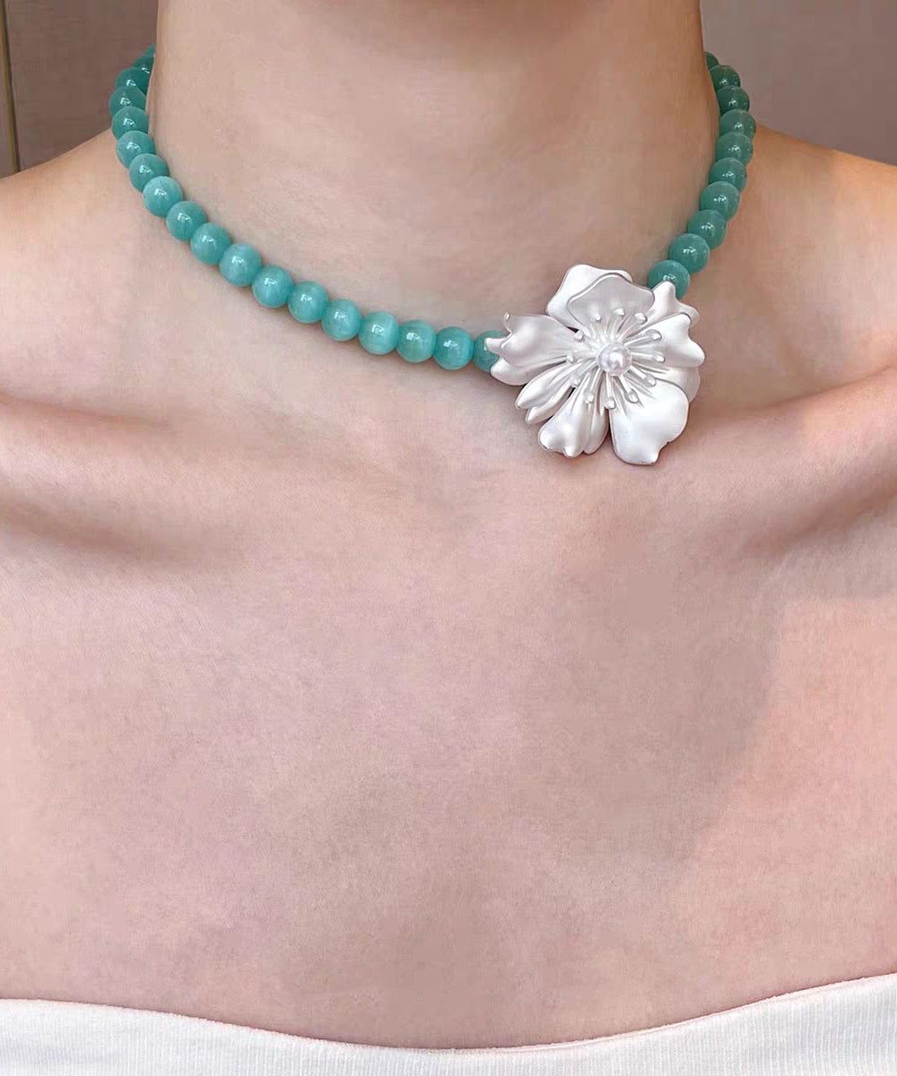Elegant Blue Alloy Amazonite Love Floral Pearl Pendant Necklace Two-Piece Set