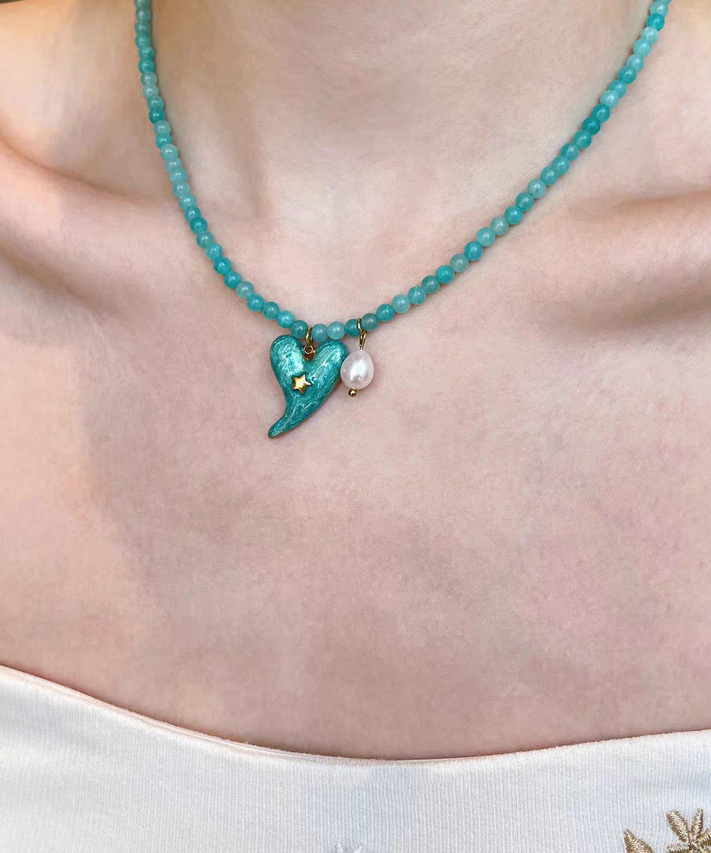 Elegant Blue Alloy Amazonite Love Floral Pearl Pendant Necklace Two-Piece Set