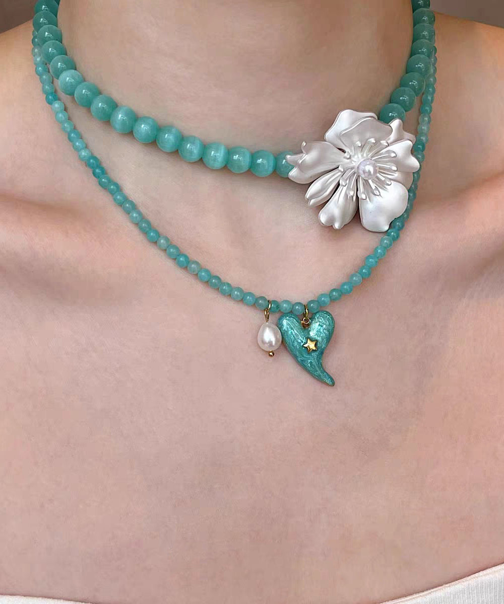 Elegant Blue Alloy Amazonite Love Floral Pearl Pendant Necklace Two-Piece Set