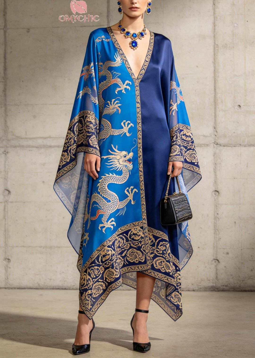 Elegant Blue Asymmetrical Print Chiffon Maxi Dresses Summer