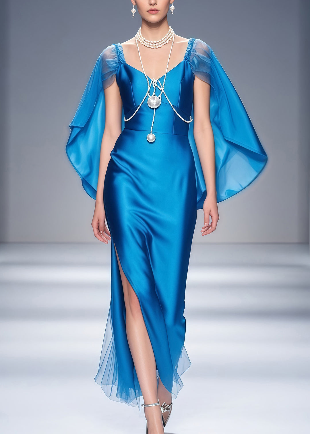 Elegant Blue Cloak Patchwork Side Open Silk Dinner Dresses Summer