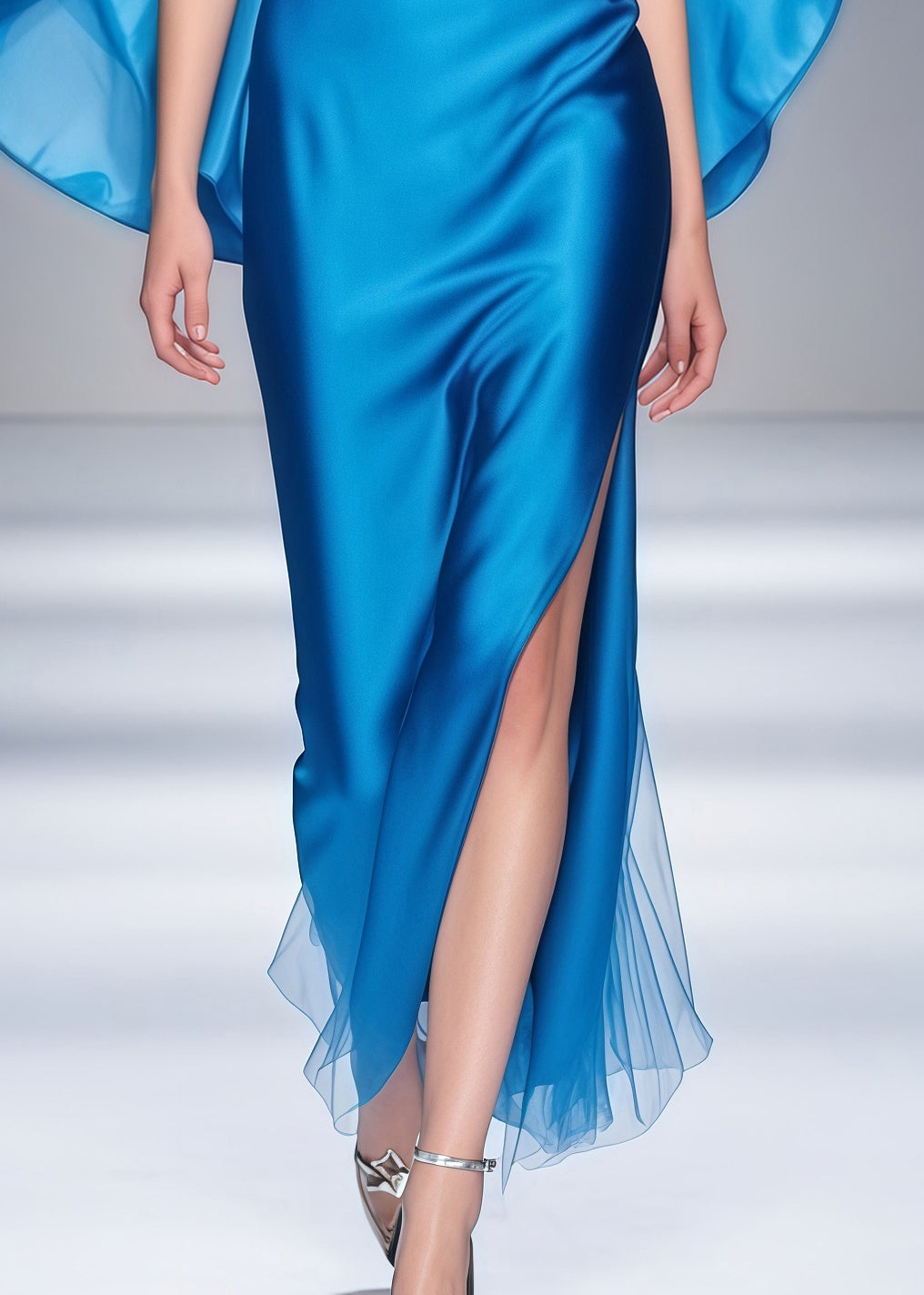 Elegant Blue Cloak Patchwork Side Open Silk Dinner Dresses Summer
