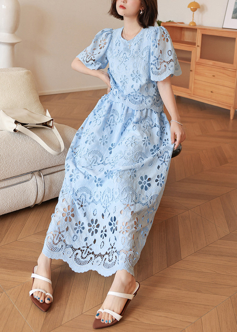 Elegant Blue Embroidered Hollow Out Cotton Two Pieces Set Summer
