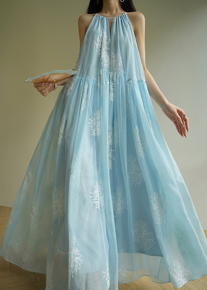 Elegant Blue Embroidered Patchwork Silk Maxi Dress Sleeveless