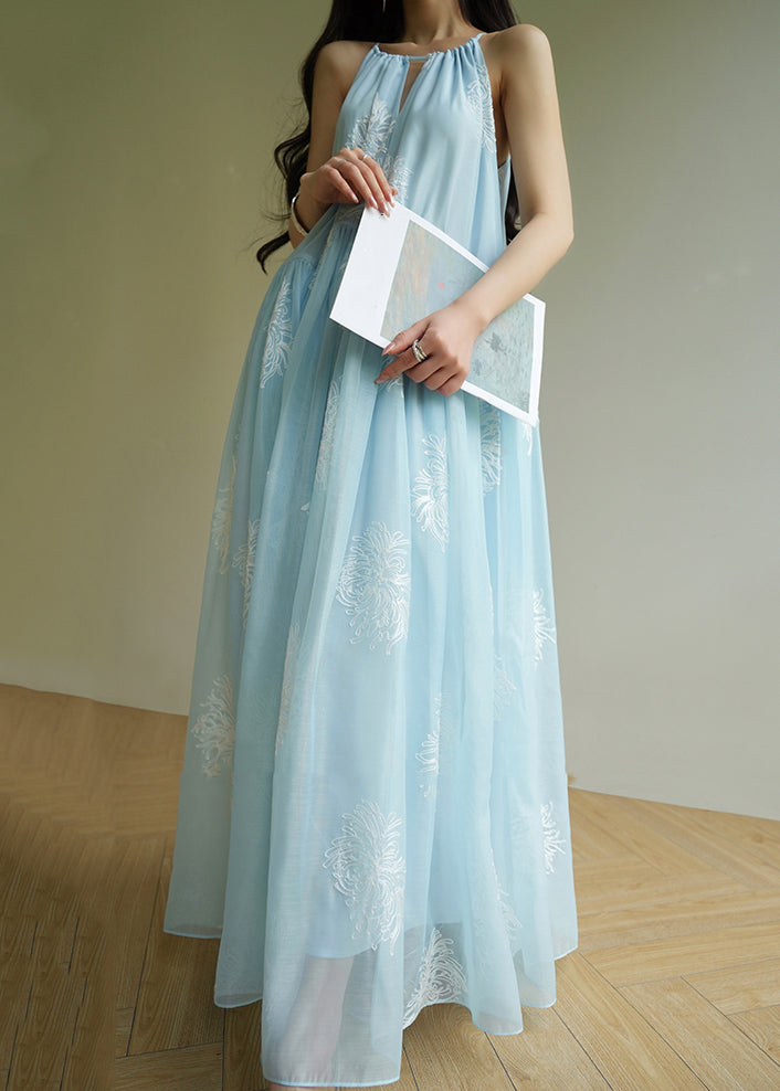Elegant Blue Embroidered Patchwork Silk Maxi Dress Sleeveless