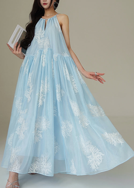 Elegant Blue Embroidered Patchwork Silk Maxi Dress Sleeveless