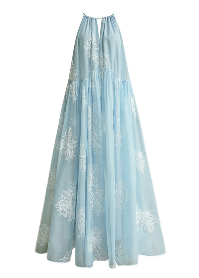 Elegant Blue Embroidered Patchwork Silk Maxi Dress Sleeveless