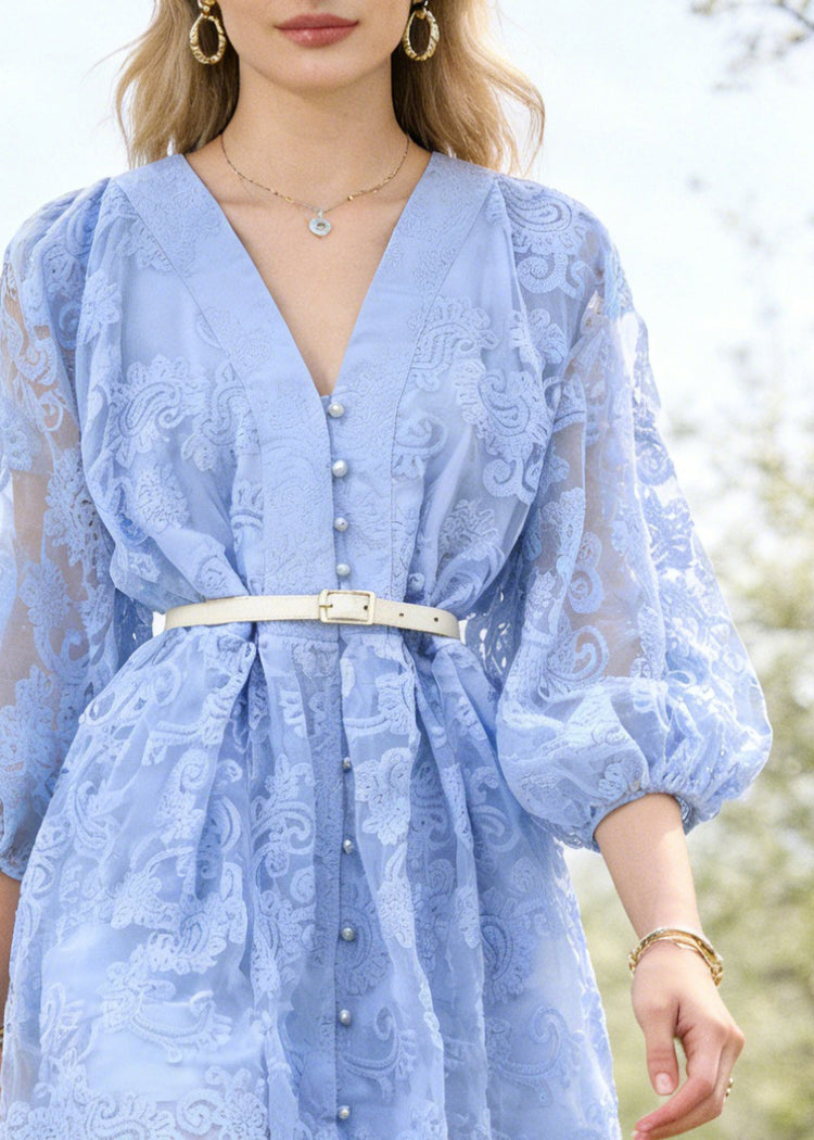 Elegant Blue Embroidered Sashes Cotton Mini Dresses Lantern Sleeve - Omychic