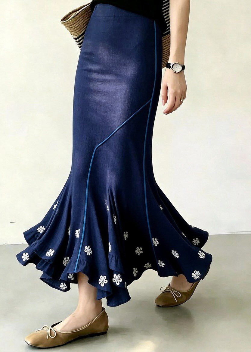 Elegant Blue Floral Asymmetrical High Waist Mermaid Skirt Fall