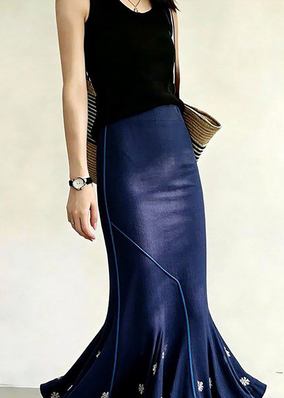 Elegant Blue Floral Asymmetrical High Waist Mermaid Skirt Fall