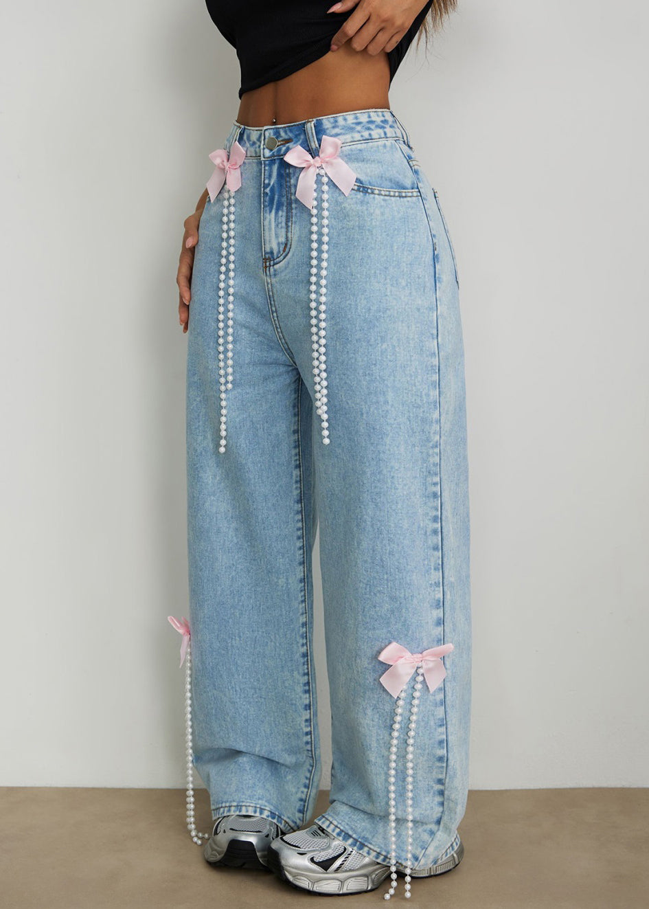 Elegant Blue High Waist Bow Pearl Tassel Wide Leg Jeans