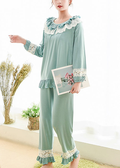 Elegant Blue Lace Patchwork Cotton Pajamas Two Piece Set Fall