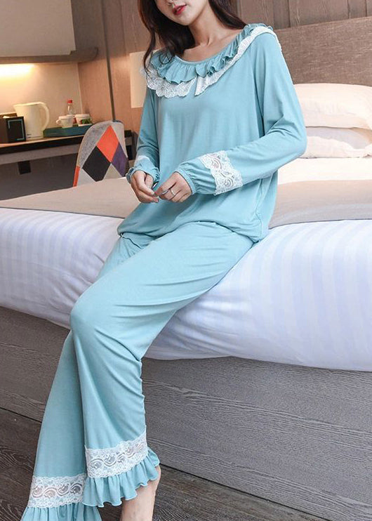 Elegant Blue Lace Patchwork Cotton Pajamas Two Piece Set Fall