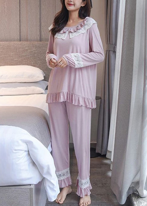 Elegant Blue Lace Patchwork Cotton Pajamas Two Piece Set Fall