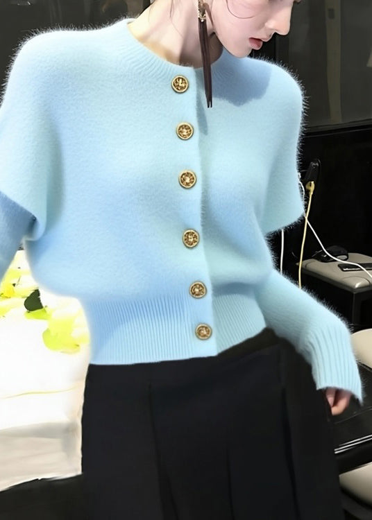Elegant Blue O Neck Button Knit Short Sweater Winter