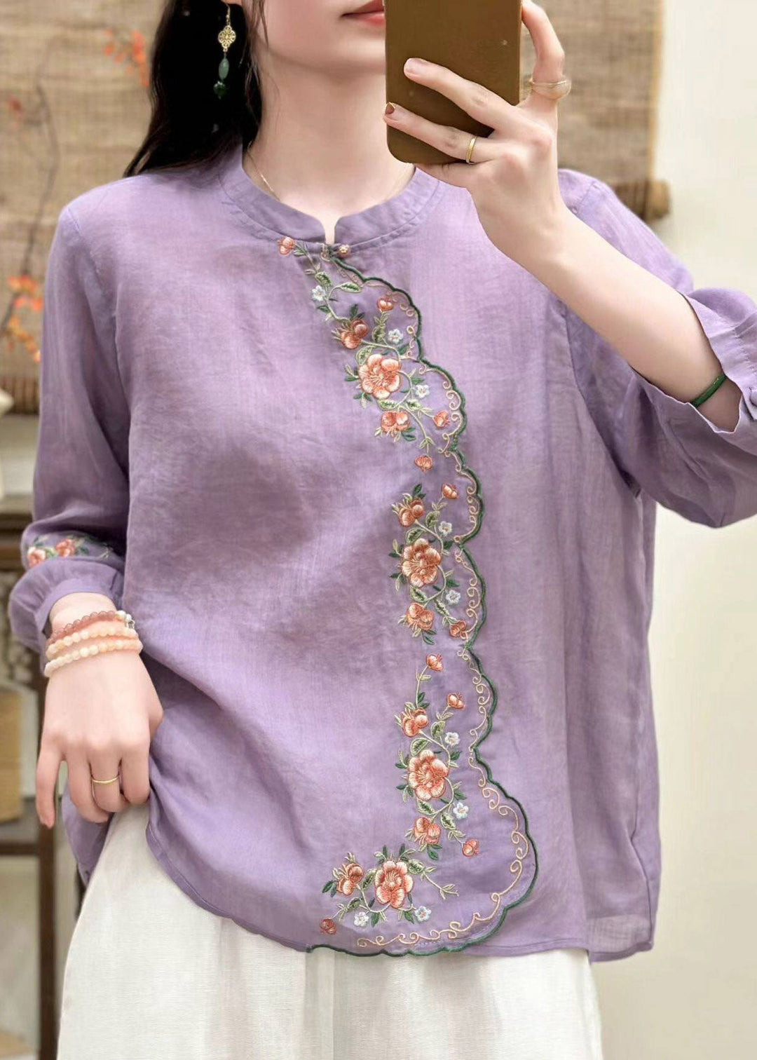 Elegant Blue O-Neck Embroidered Linen Shirt Tops Three Quarter Sleeve