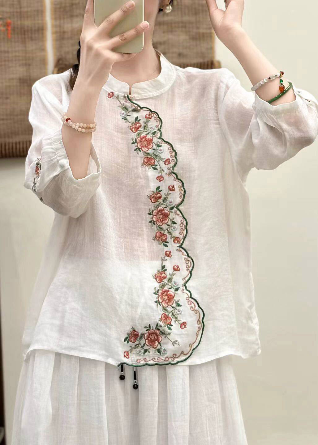 Elegant Blue O-Neck Embroidered Linen Shirt Tops Three Quarter Sleeve
